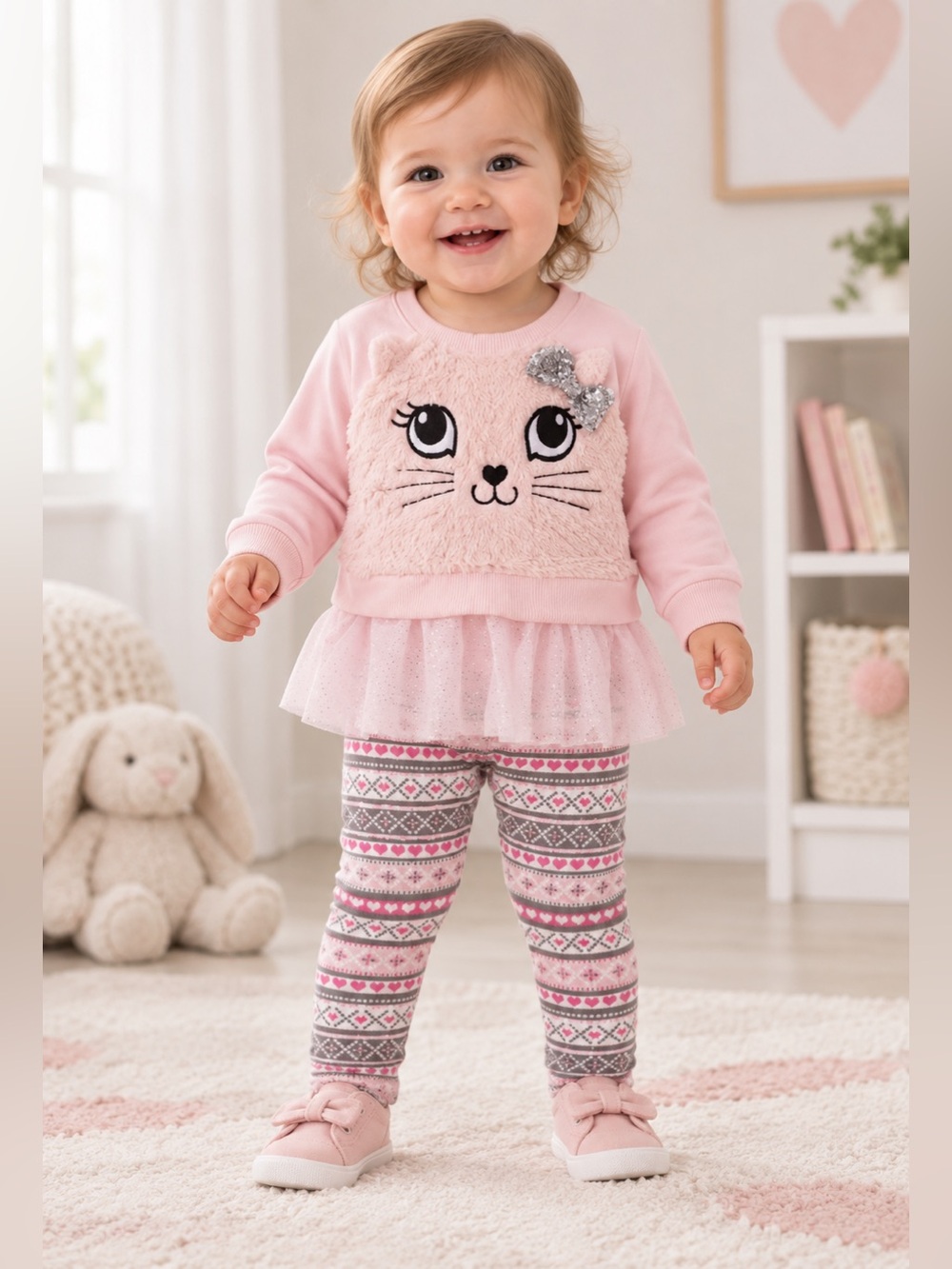 Nannette Pink Cat Bow Sweatshirt & Stripe Leggings